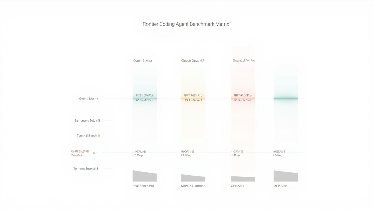 Frontier coding-agent benchmark matrix — Qwen 3.7 Max vs Claude Opus 4.7, GPT-5.5, and DeepSeek V4 Pro